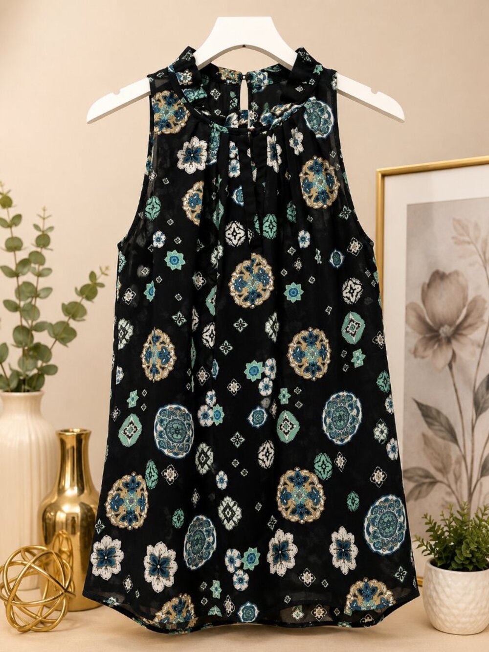 Laundry by Shelli Segal Sleeveless High-Neck Blouse Black Multi Print | Size XS